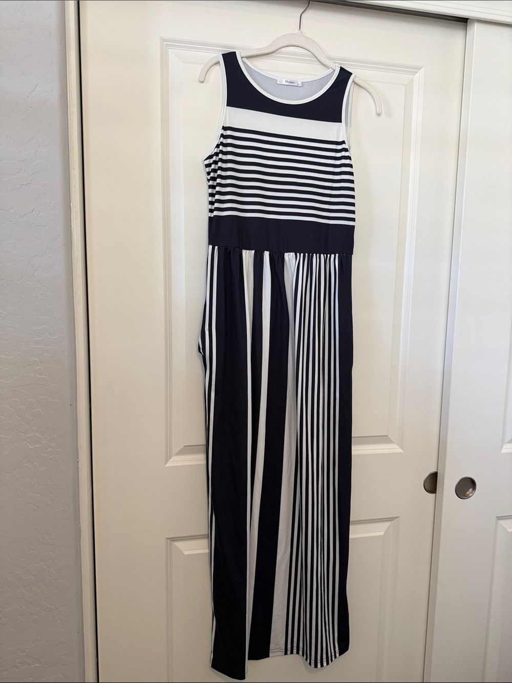 Black and White Striped Maxi Dress with side pockets